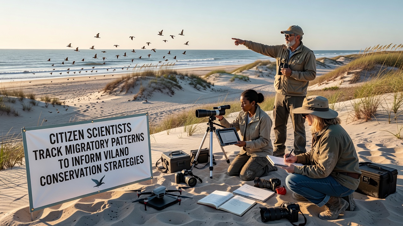 Group of volunteers mapping turtle nesting sites and bird flight paths on Vilano Beach during a coordinated survey