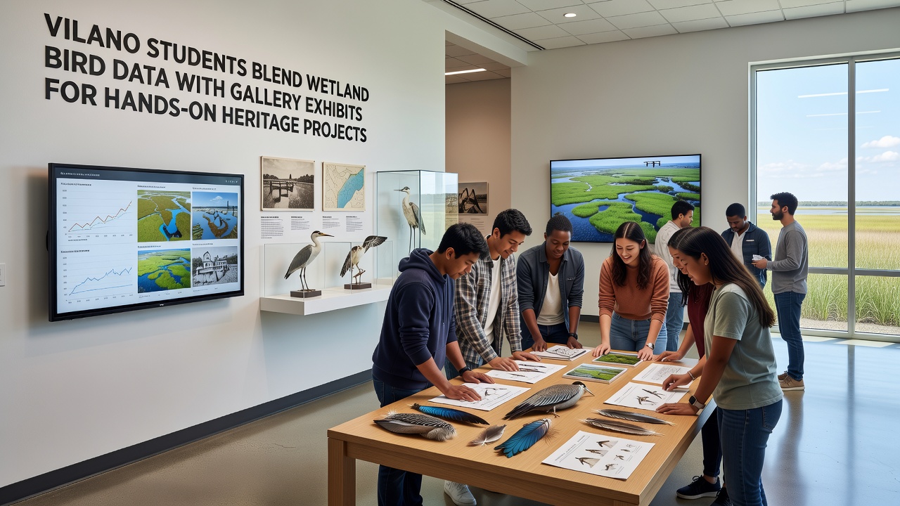 Gallery visitors interacting with student-created wetland bird data displays at a Vilano heritage exhibit